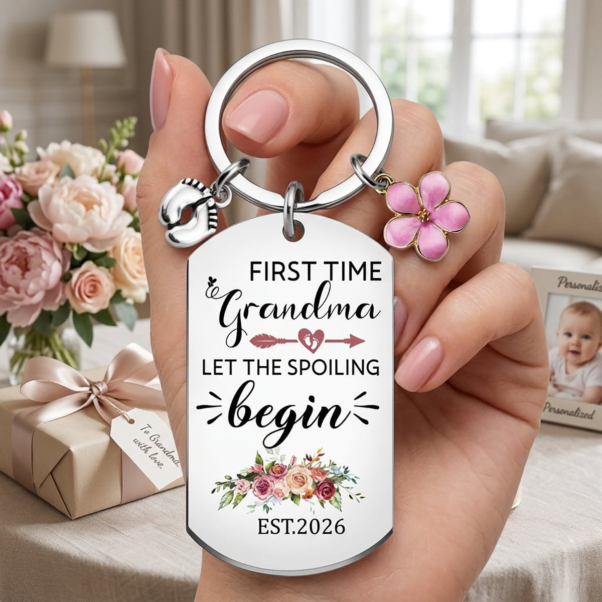 Personalized "Let The Spoiling Begin" First Time Keychain | Mother's Day Baby Shower Gift For Mom Grandma Gigi