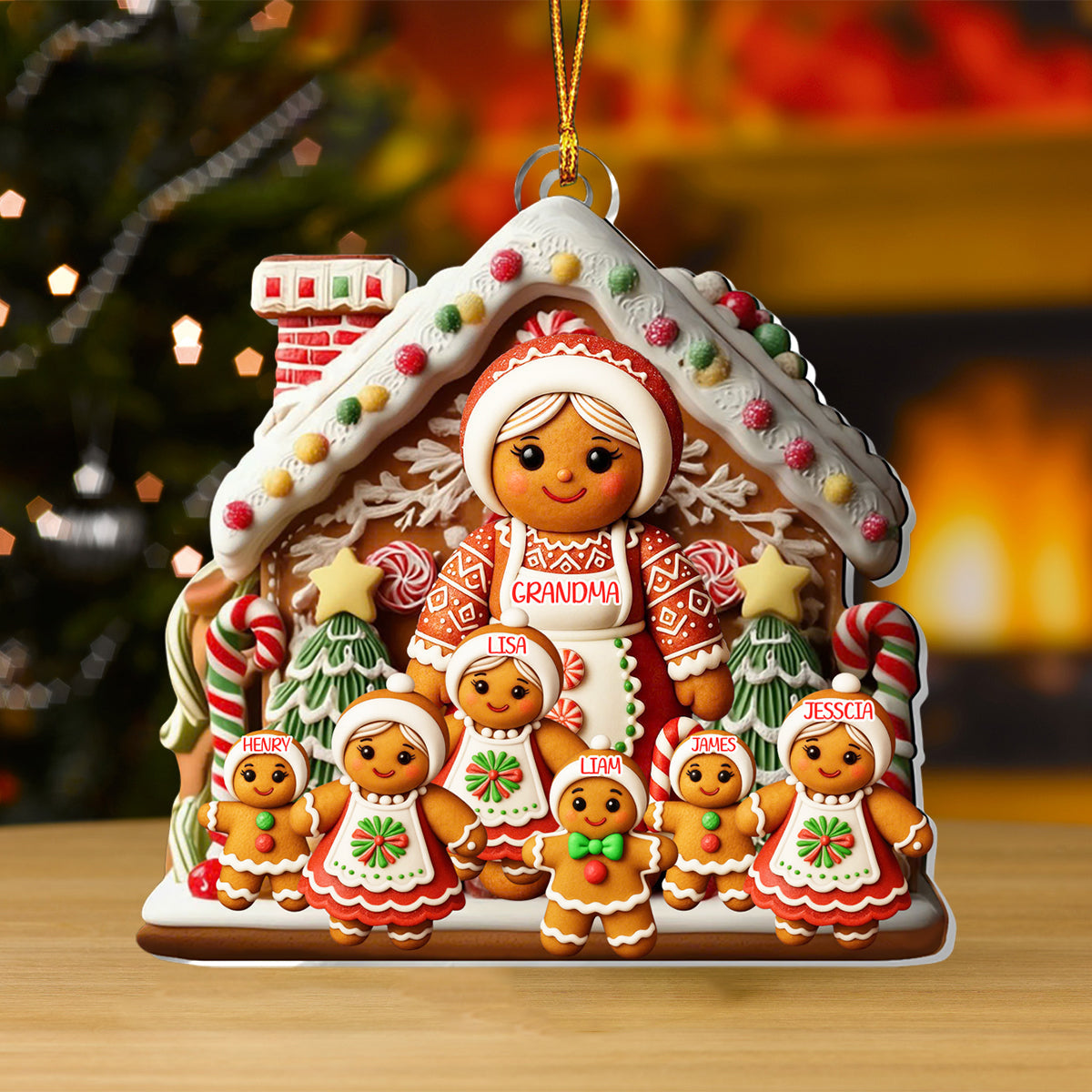 Personalized Grandma And Kids Gingerbread Family Ornament With 1-15 Names,Family "Wrapped" In Sweetness