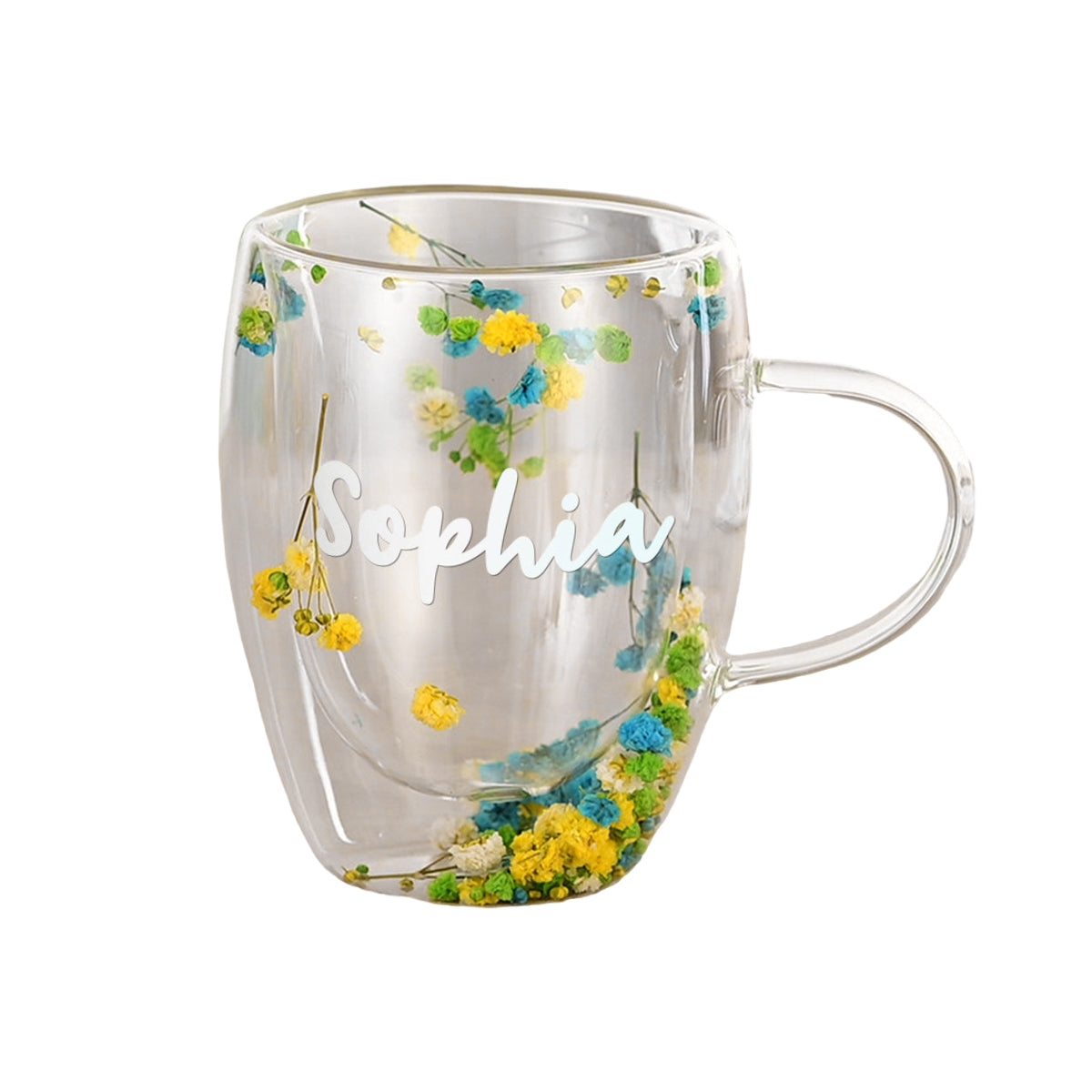 Dried Flowers Double Wall Glass Personalized Coffee Mugs