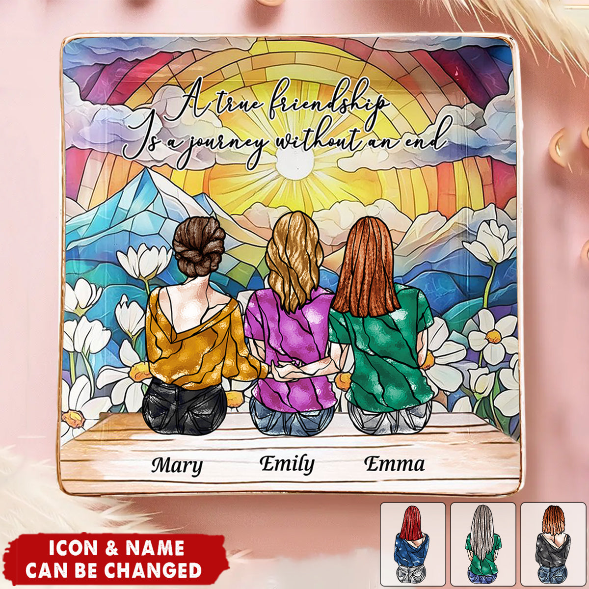 Personalized Friendship Jewelry Dish - A True Friendship Is A Journey Without An End Stained Glass Style | Custom Best Friend Gift For Girls