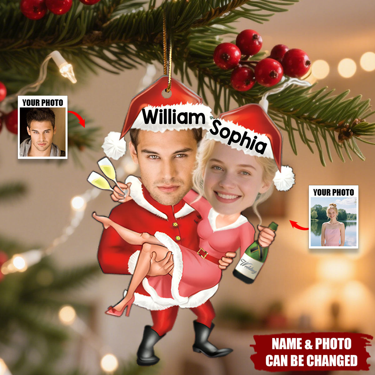 Personalized Christmas Ornament Santa Carrying Miss Claus Celebration With Names & Photo "Love Decor" For Couple Newlyweds