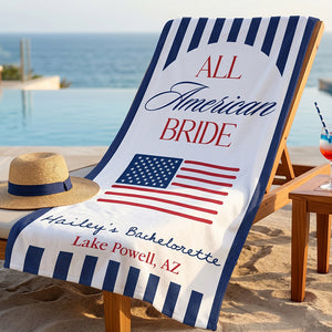 Personalized Name & Location Beach Towel With All American Bride Graphic For Wedding Gift