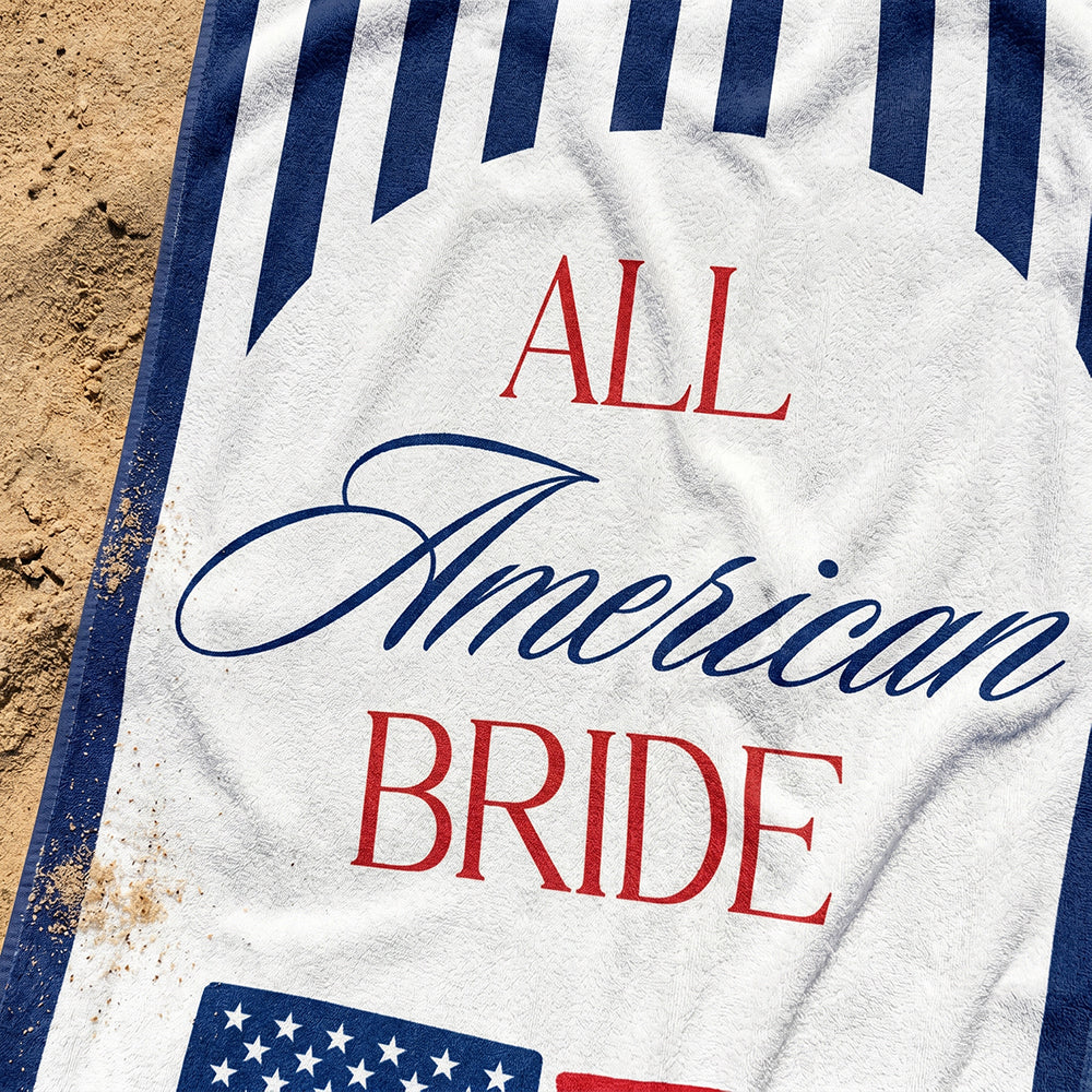 Personalized Name & Location Beach Towel With All American Bride Graphic For Wedding Gift