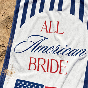 Personalized Name & Location Beach Towel With All American Bride Graphic For Wedding Gift