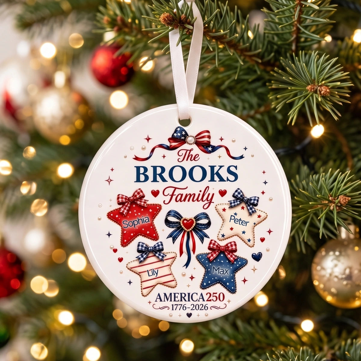 Personalized USA 250th Ceramic Christmas Ornament With Names - 2026 Patriotic Family Gift