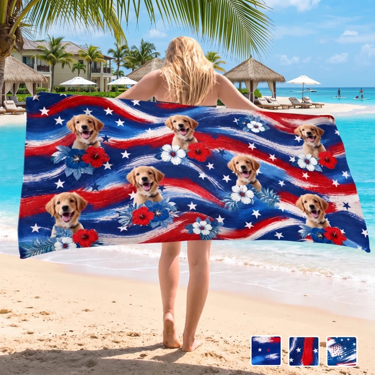 Custom Pet Photo Beach Towel | Patriotic 4th Of July Summer Vacation Gift For Dog Cat Lover