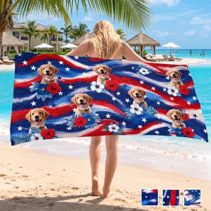 Custom Pet Photo Beach Towel | Patriotic 4th Of July Summer Vacation Gift For Dog Cat Lover