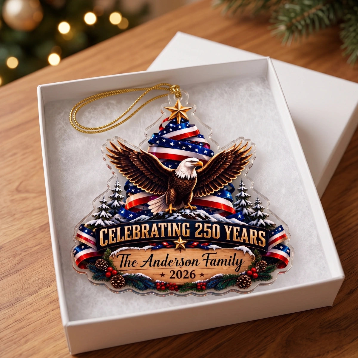 Custom Family Name USA 250th Christmas Ornament - American Eagle Patriotic Gift