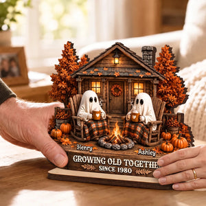 Personalized 2-Layer Ghost Couple Wooden Plaque - Growing Old Together Halloween Decor Gift
