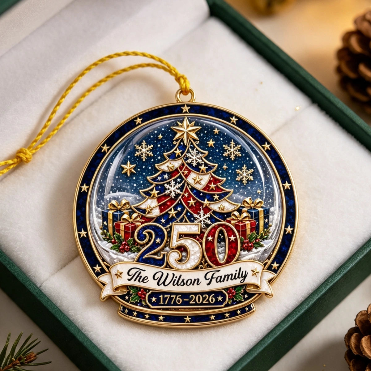 Custom Family Name USA 250th Christmas Ornament - Patriotic Tree Decor