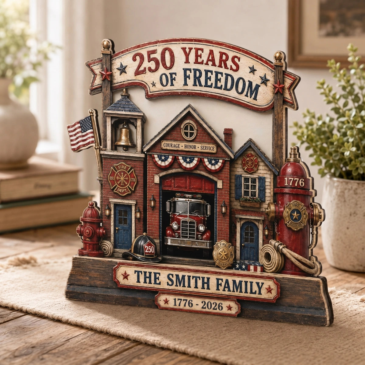 Custom Name Firefighter Family 250 Years Of Freedom Wooden Block | Patriotic Fire Station Decor