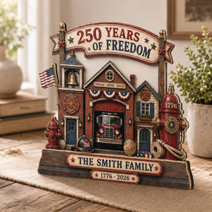 Custom Name Firefighter Family 250 Years Of Freedom Wooden Block | Patriotic Fire Station Decor