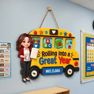 Custom Teacher Name School Bus Wood Sign - Rolling Into A Great Year Classroom Decor Gift