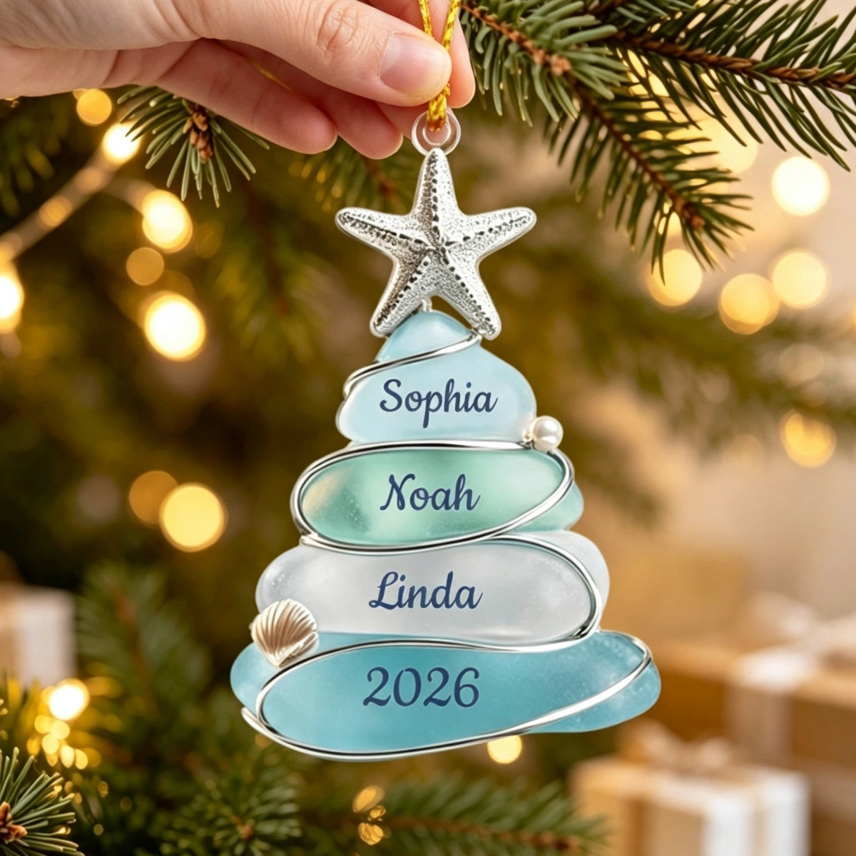 Personalized Sea Glass Christmas Tree Ornament - Custom 1-13 Names - Beach Theme Family Gift