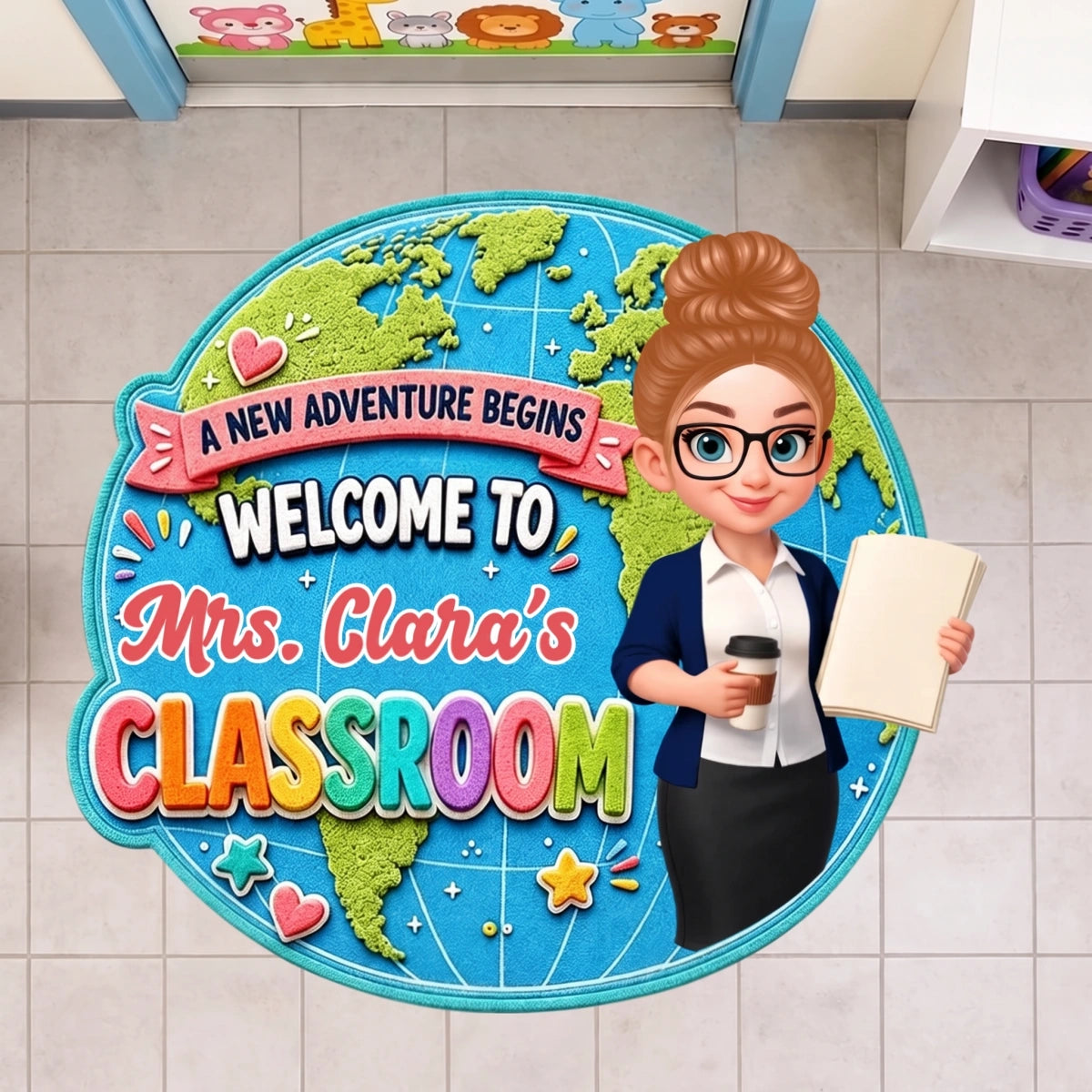 Personalized Name Shaped Doormat - Globe Classroom Welcome Design - Back To School Teacher Gift