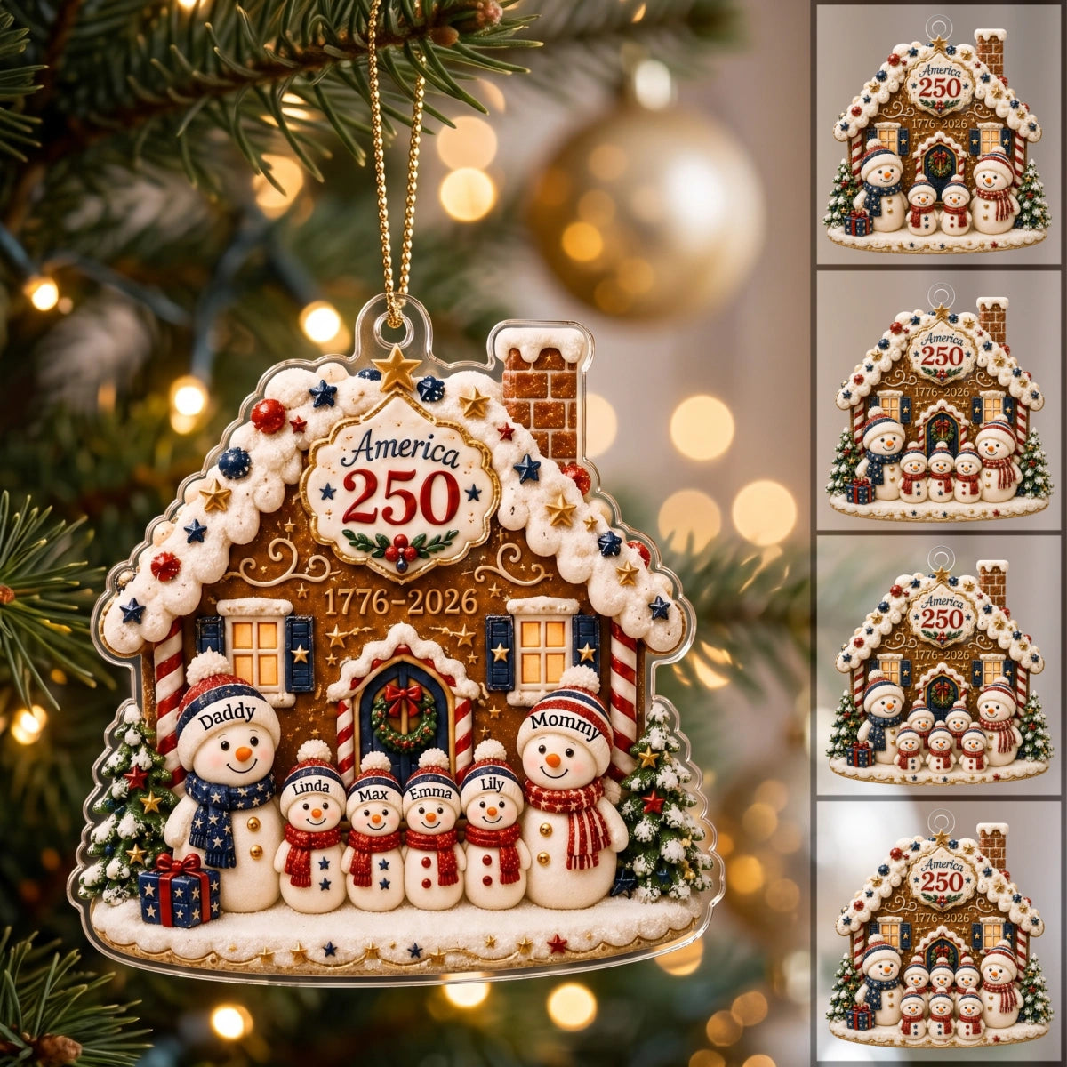 Custom Name 250th Anniversary Christmas Acrylic Ornament - Snowman Family Gingerbread House Decor