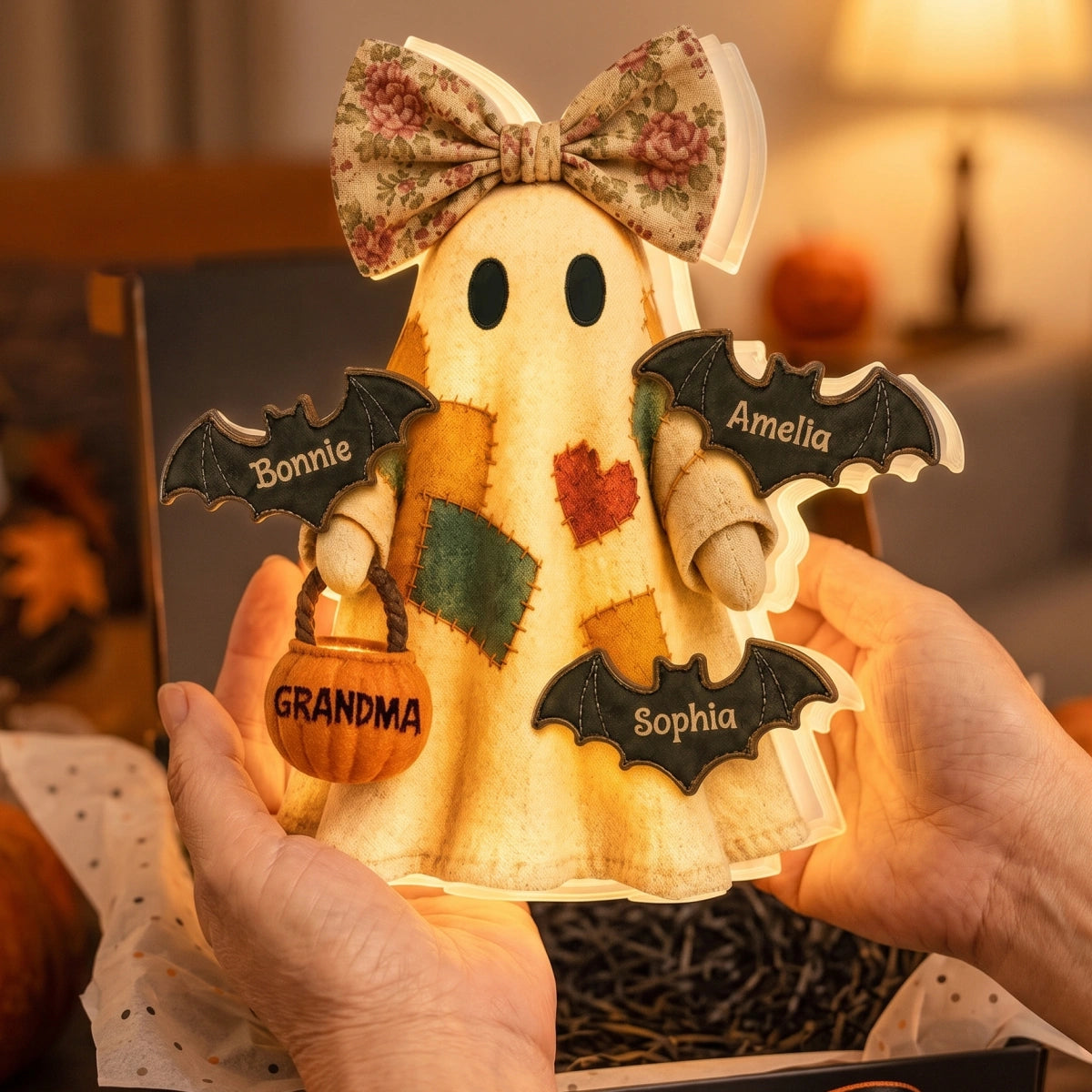Personalized Ghost Bats Acrylic Light Box With 1 - 8 Names - Unique Halloween Gift For Family