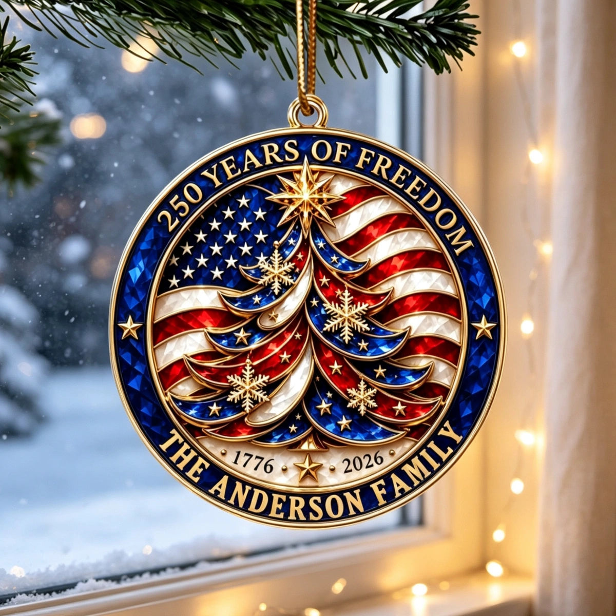 Personalized USA 250th Flag Christmas Ornament - Custom Family Name Patriotic Gift