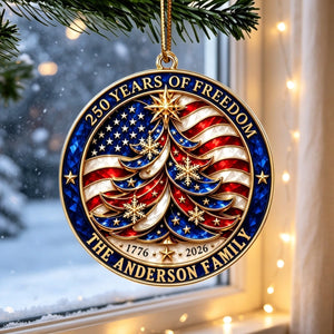 Personalized USA 250th Flag Christmas Ornament - Custom Family Name Patriotic Gift