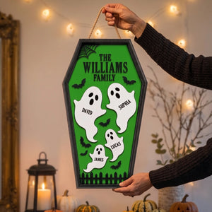 Personalized Ghost Family Coffin Wooden Sign With Names & Color - Halloween Wall Decor Gift