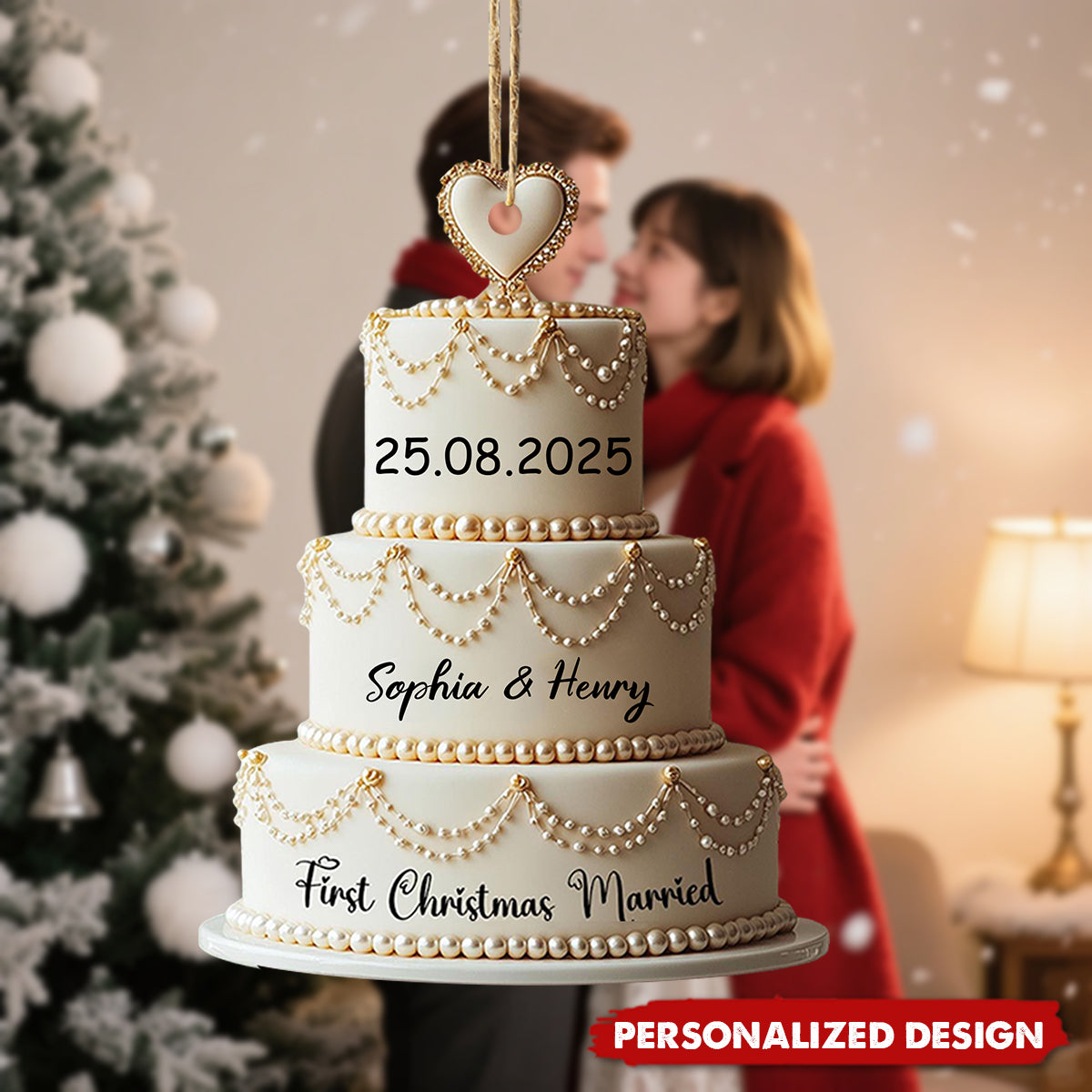Personalized Wedding Cake Ornament With Names & Date,Romantic "First Christmas Married" Gift For Newlyweds & Couple