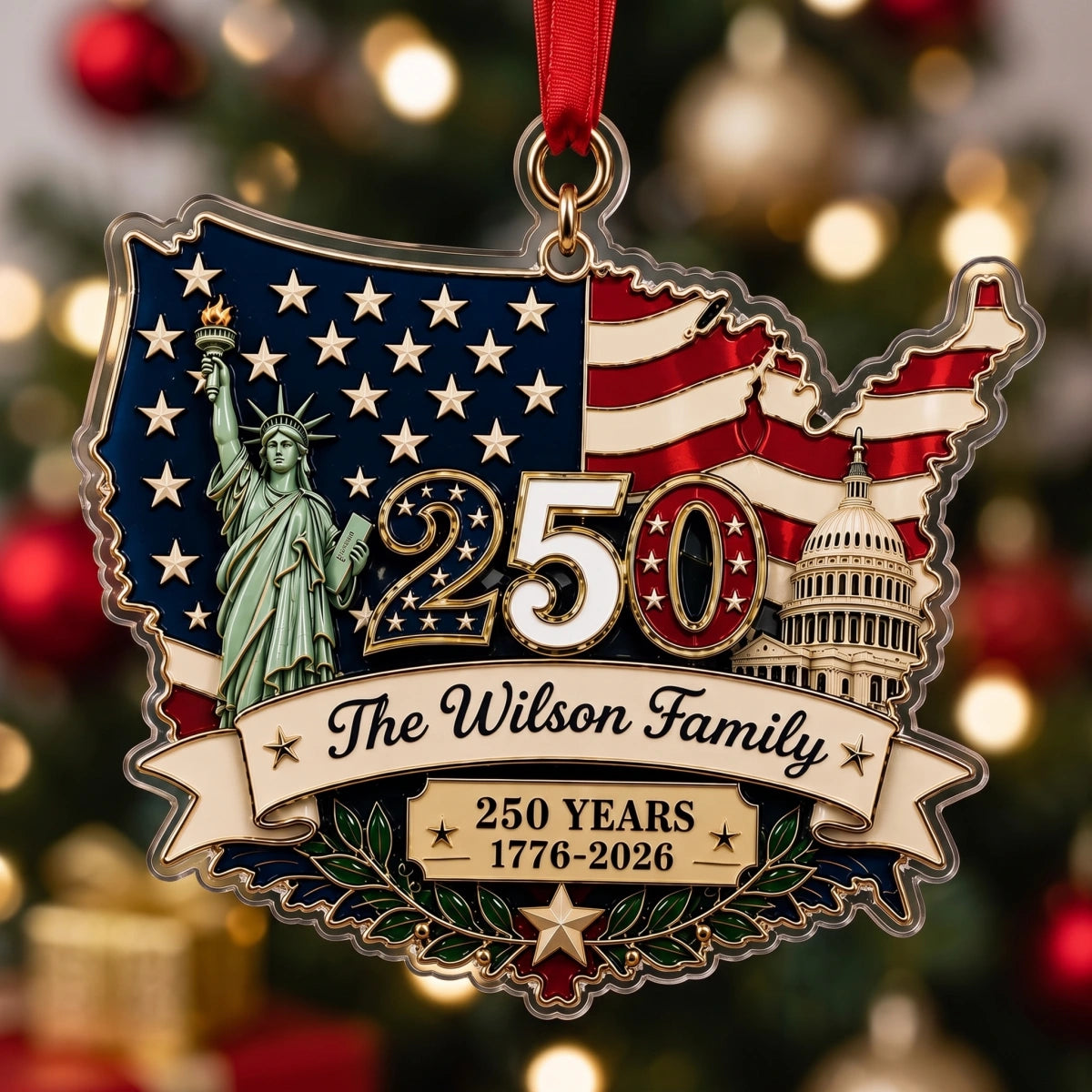 Personalized 250th America Patriotic Christmas Ornament With Family Name - USA Flag Tree Decor