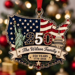 Personalized 250th America Patriotic Christmas Ornament With Family Name - USA Flag Tree Decor