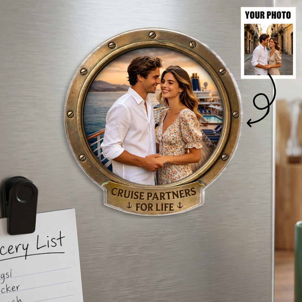 Personalized Fridge Cruise Door Magnet With Photo Porthole Design - Vacation Travel Gift For Couples