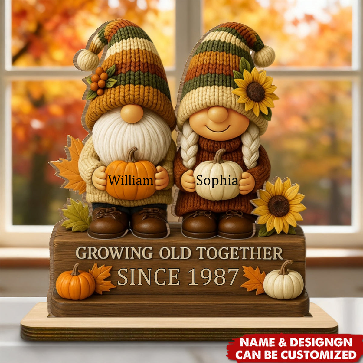 Personalized "Growing Old Together" Gnome Plaque With Couple Names & Sunflowers Pumpkins Autumn's Warm Charm For Couple Gift For Grandparent