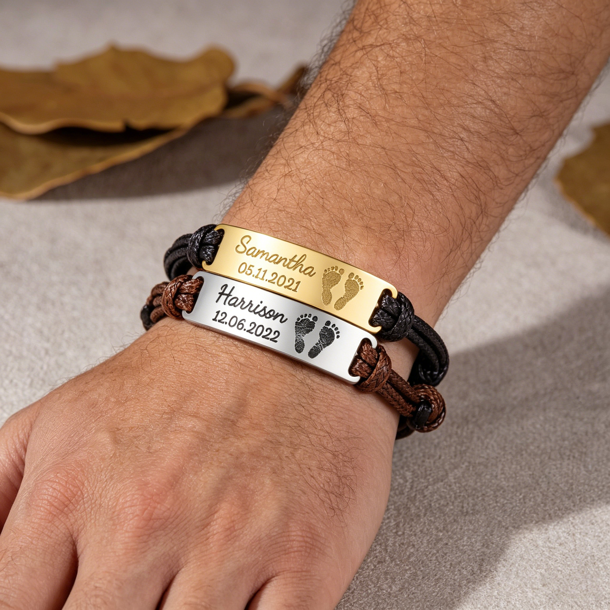 Personalized Infant Footprint Leather Bracelet With Kid Name - Father's Day Gift For First Time Dad