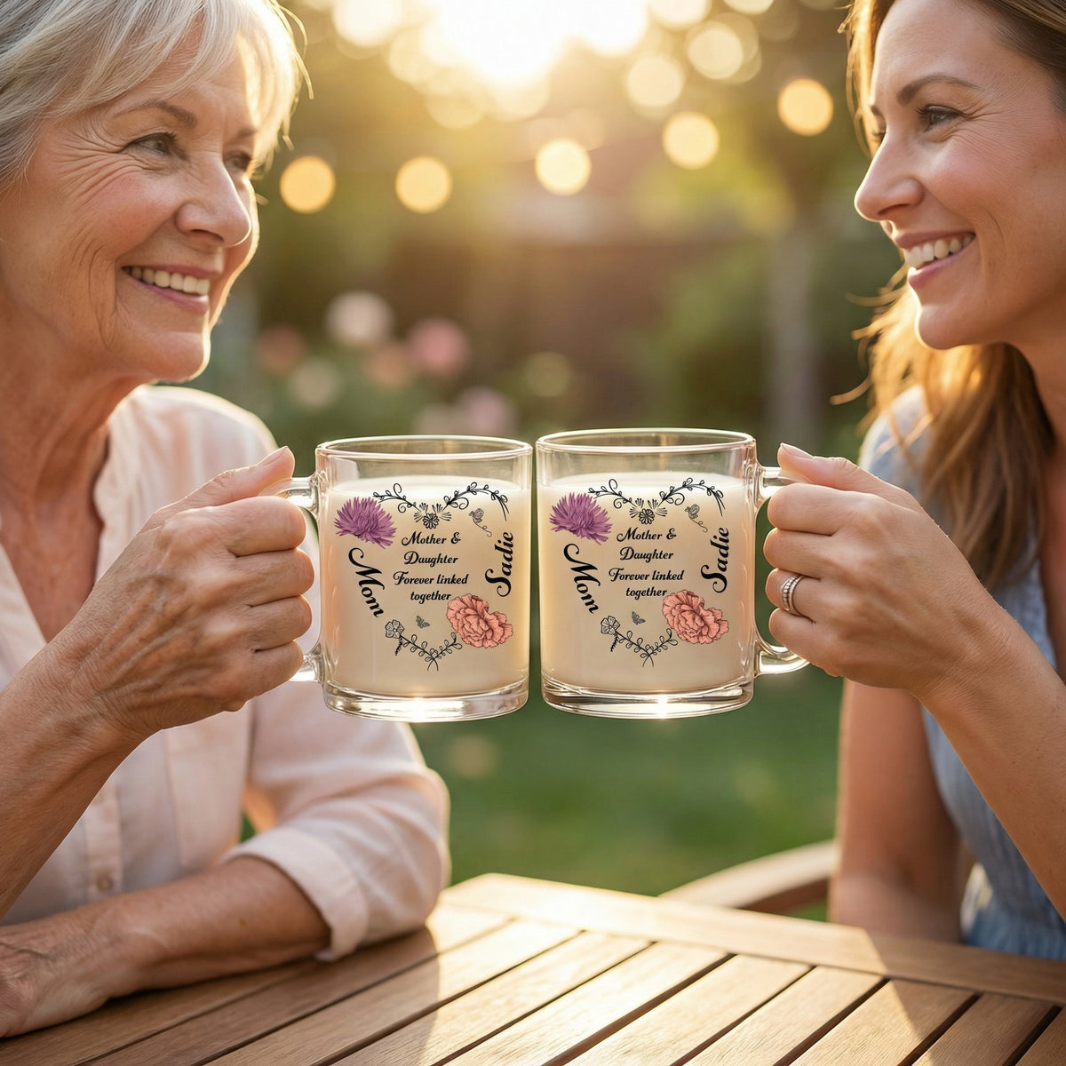 Personalized "Linked Together" Floral Glass Mug With Mom & Daughter Name - Mother's Day Gift For Her
