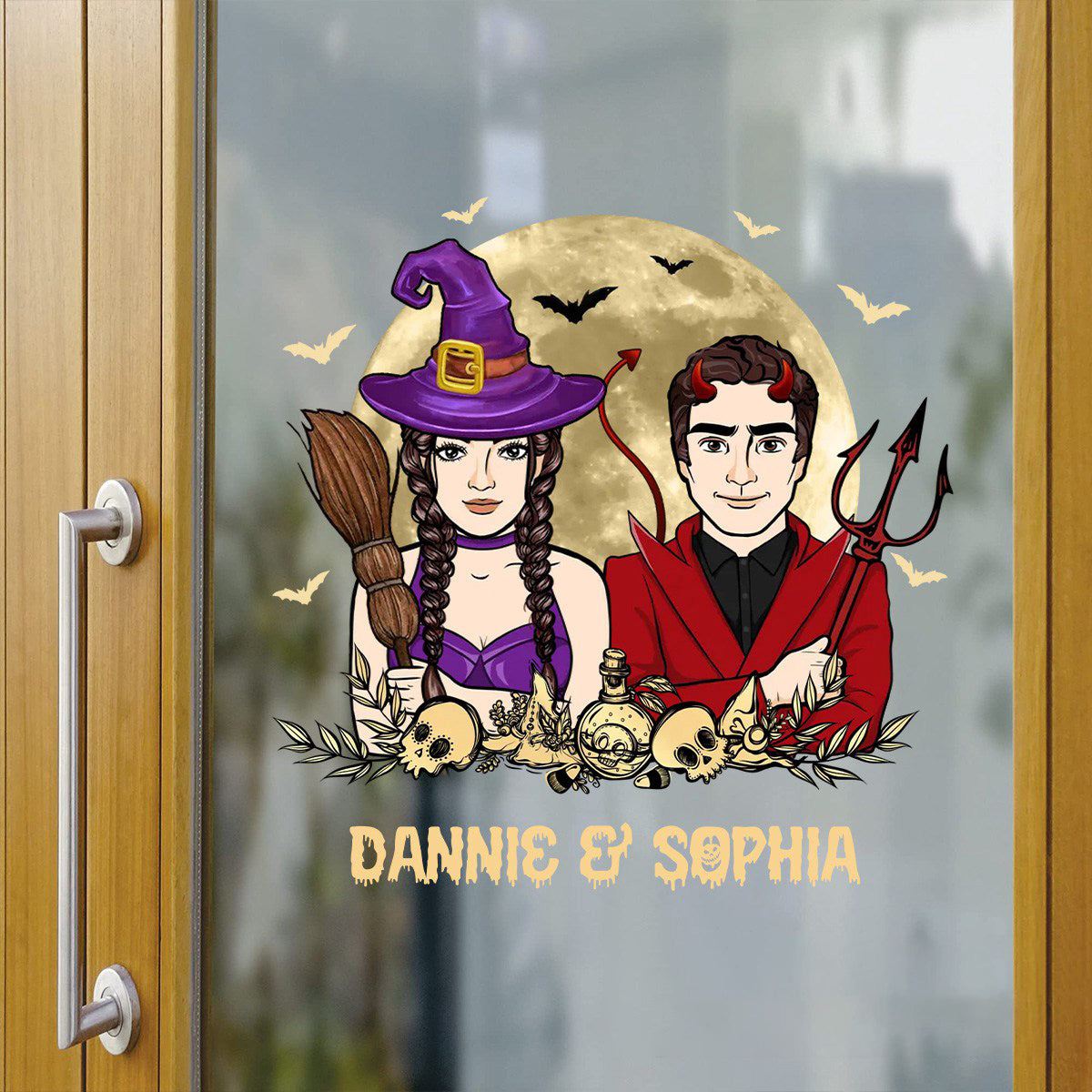 Halloween Couple Witch And Devil Personalized Decal, Halloween Decor