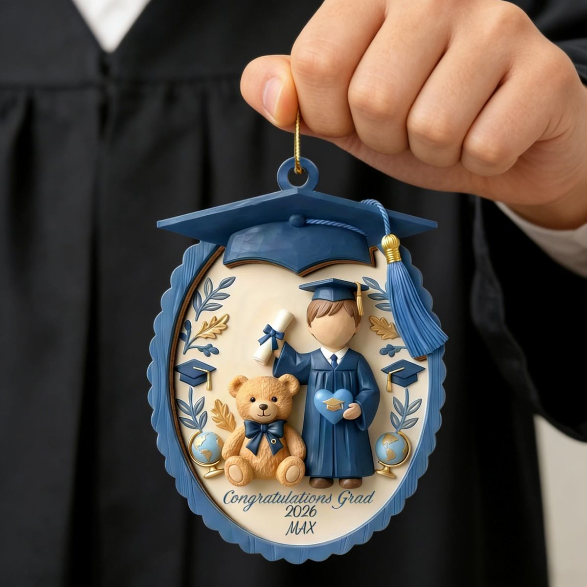 Customized Grad Bear Hand-Painted Wood Ornament With Name & Year - Graduation Gift For Son & Daughter