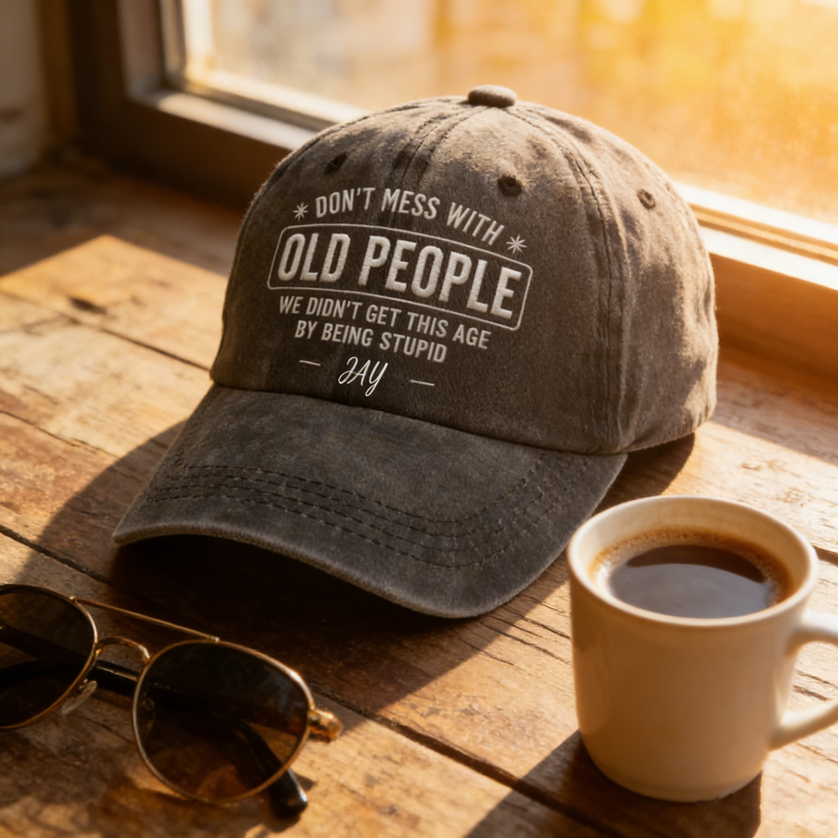 "Don't Mess With Old People" Washed Denim Cap With Name - Personalized Retirement Gift For Retirees