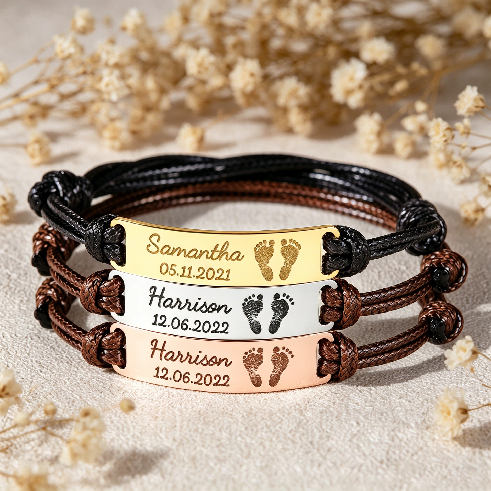 Personalized Infant Footprint Leather Bracelet With Kid Name - Father's Day Gift For First Time Dad