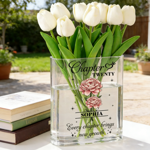 Personalized Transparent Clear Book Vase With Birth Month Flower & Name - Birthday Gift For Book Lovers