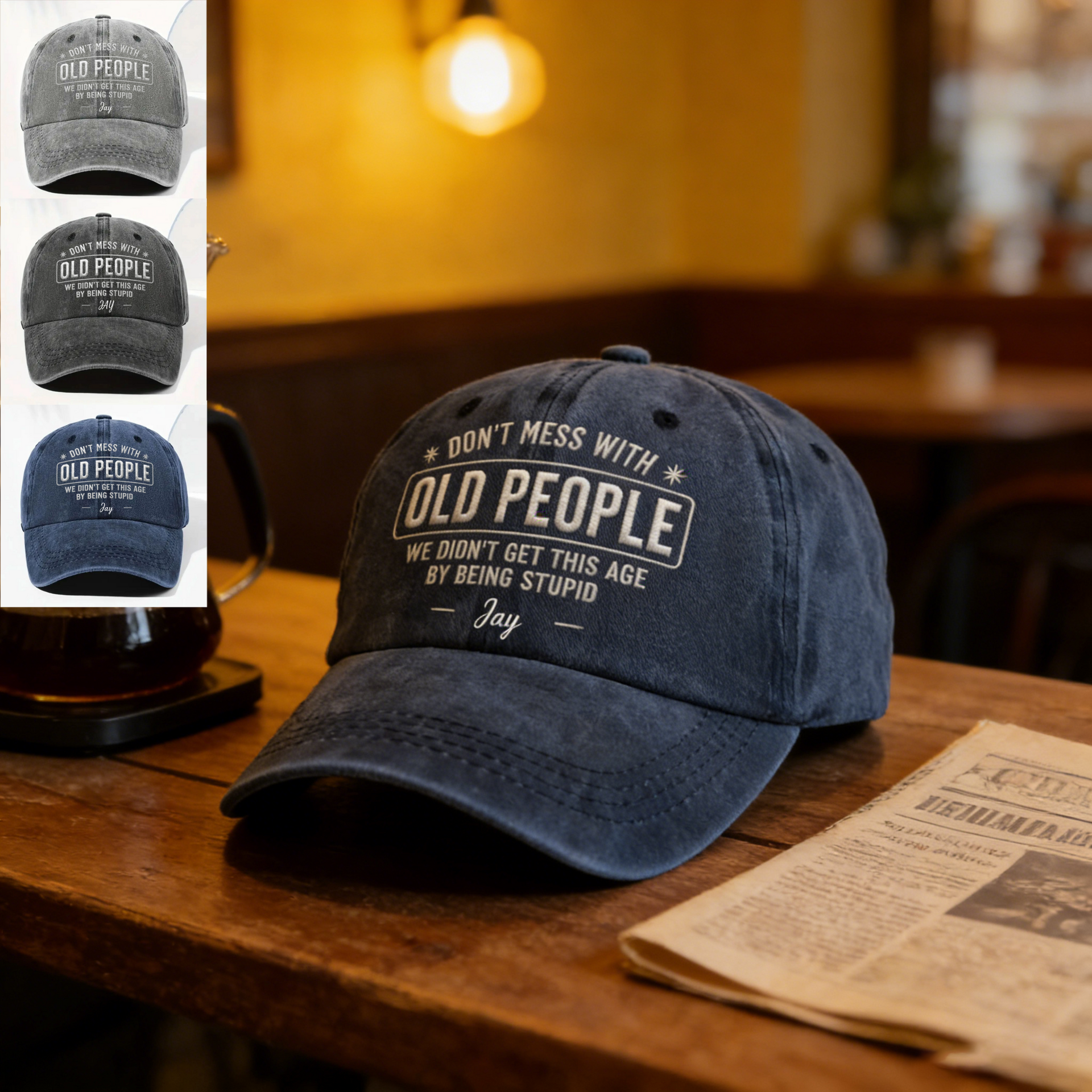 "Don't Mess With Old People" Washed Denim Cap With Name - Personalized Retirement Gift For Retirees