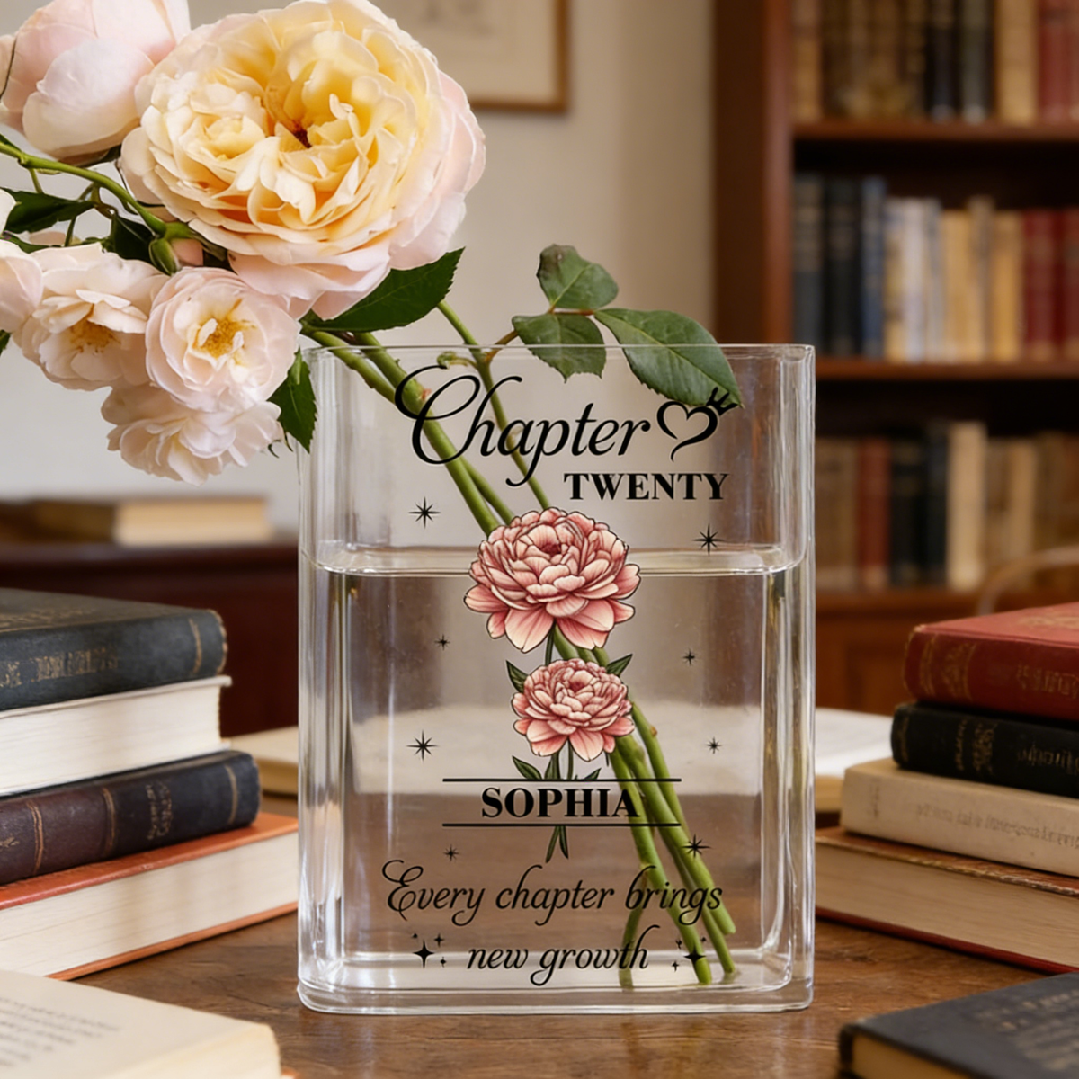 Personalized Transparent Clear Book Vase With Birth Month Flower & Name - Birthday Gift For Book Lovers