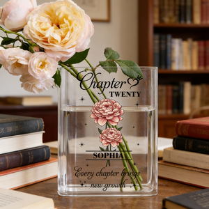Personalized Transparent Clear Book Vase With Birth Month Flower & Name - Birthday Gift For Book Lovers