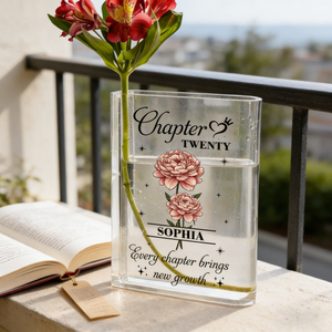 Personalized Transparent Clear Book Vase With Birth Month Flower & Name - Birthday Gift For Book Lovers