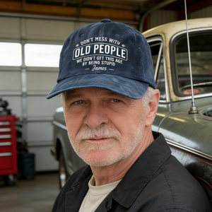 "Don't Mess With Old People" Washed Denim Cap With Name - Personalized Retirement Gift For Retirees