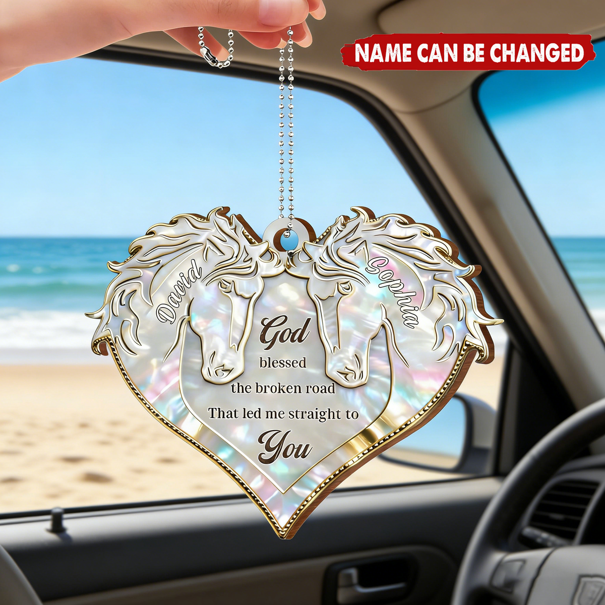 Personalized "God Led Me Straight To You" Heart Car Ornament With Twin Horses & Names - Valentine's Day Anniversary Gift For Couple