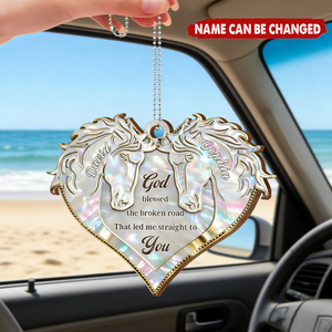 Personalized "God Led Me Straight To You" Heart Car Ornament With Twin Horses & Names - Valentine's Day Anniversary Gift For Couple