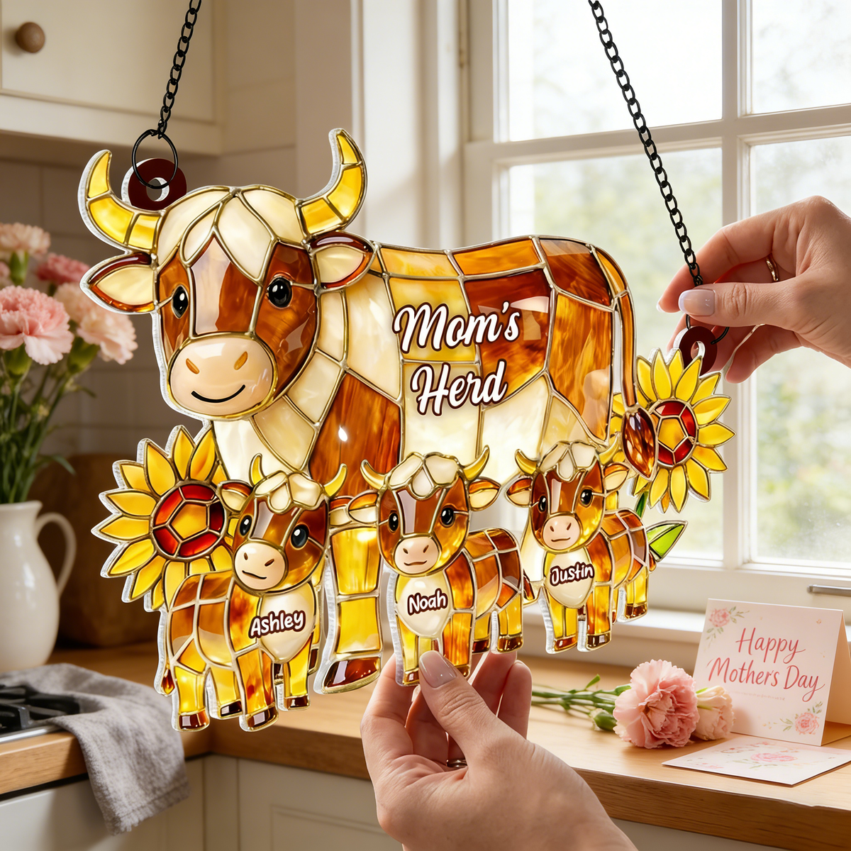 Personalized Rustic Farmhouse Cow Family Acrylic Suncatcher - Mother's Day Gift For Mom