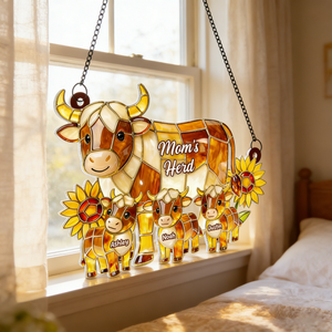 Personalized Rustic Farmhouse Cow Family Acrylic Suncatcher - Mother's Day Gift For Mom