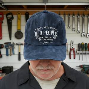 "Don't Mess With Old People" Washed Denim Cap With Name - Personalized Retirement Gift For Retirees