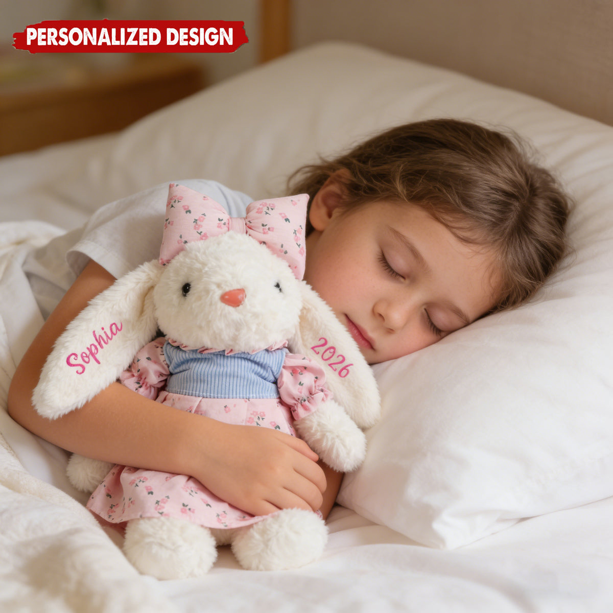 Personalized Floral Dress Bunny Doll Toy With Name & Year - Gift For Baby Shower Birthday Easter For Kids