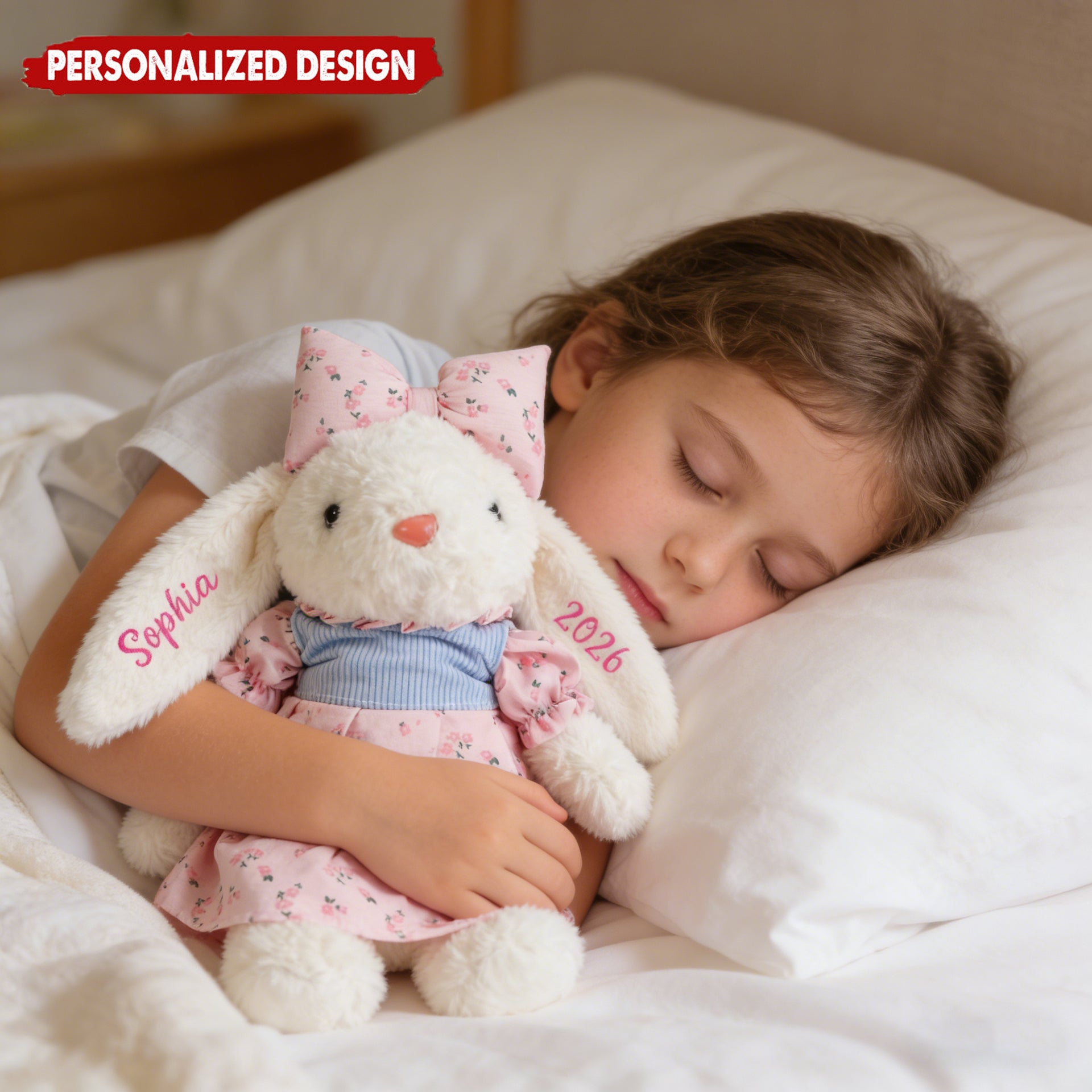 Personalized Floral Dress Bunny Doll Toy With Name & Year - Gift For Baby Shower Birthday Easter For Kids