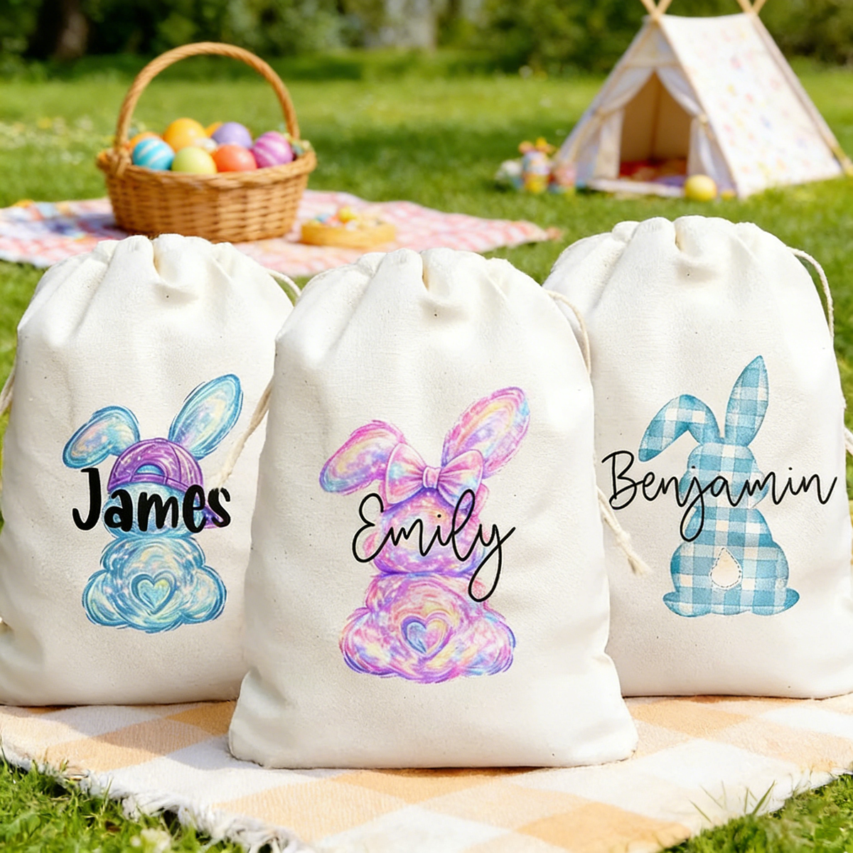 Personalized Easter Favor Bag With Name & Bunny Design | Spring Party Durable Drawstring Egg Hunt Pouch Gift For Kids