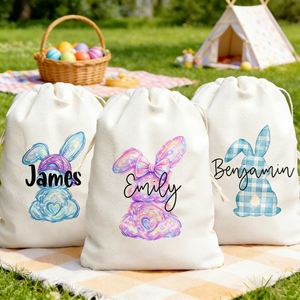 Personalized Easter Favor Bag With Name & Bunny Design | Spring Party Durable Drawstring Egg Hunt Pouch Gift For Kids
